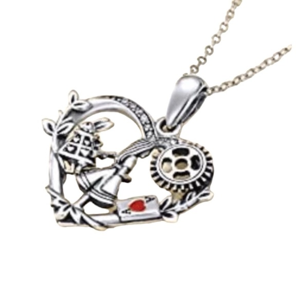 Alice In Wonderland Necklace Pendant and Chain Women’s Silver Tone Red Heart - Picture 8 of 16